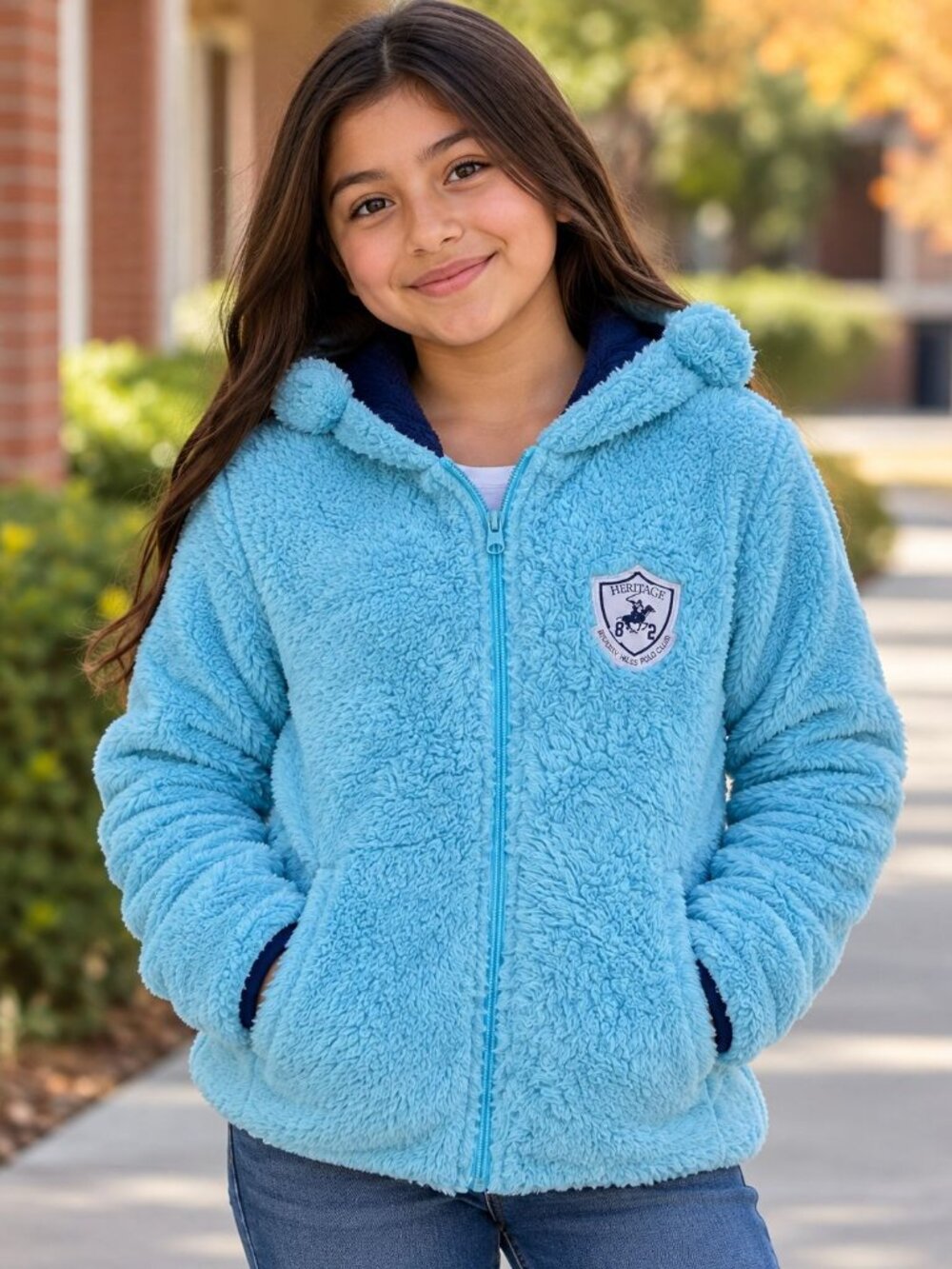Beverly Hills Polo Club Girls Blue Hoodie Jacket Navy Lining Bear Ears Size L